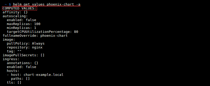 Terminal output of the command helm get all
