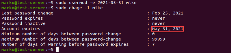 Setting up a user account expiry date using the usermod -e command 