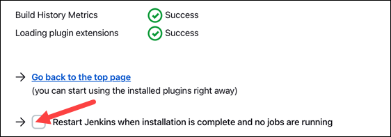 Restart Jenkins after installation completes checkbox