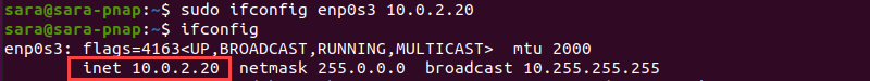 Assigning and verifying IP address with ifconfig terminal output