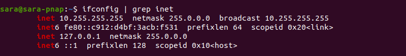 ifconfig | grep inet terminal output