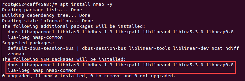 Installing Nmap in Ubuntu Docker container.