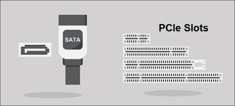 SATA cable connector, cable, and PCIe slot for M.2 NVMe.