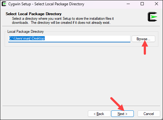 Cygwin setup - select the local package directory.