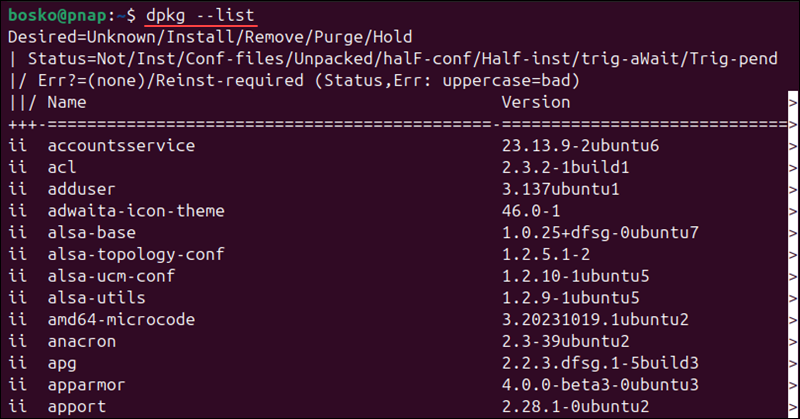 Listing installed packages with dpkg.