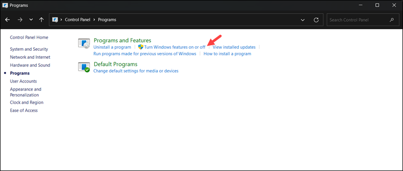 Turn on off Windows features